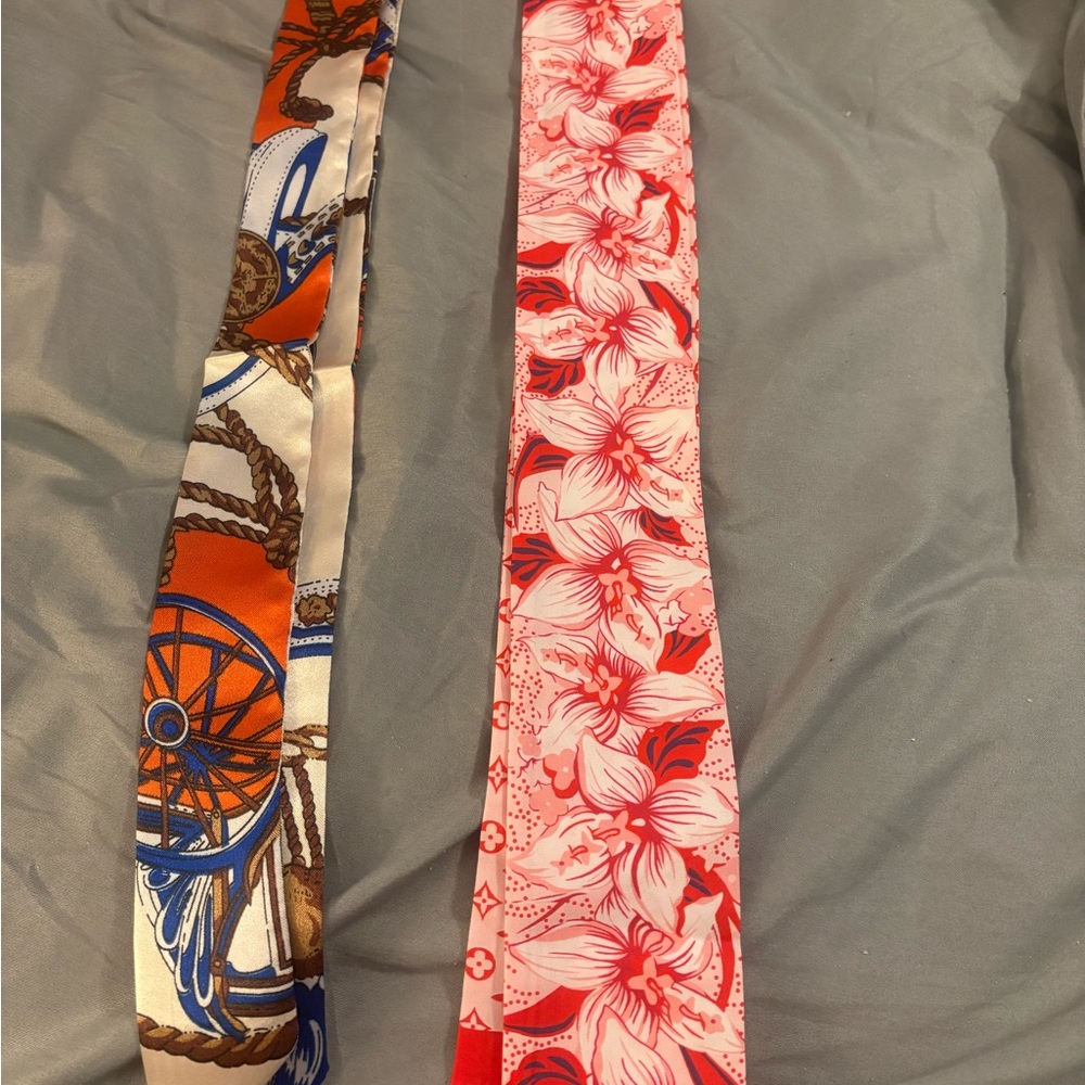 Silk Floral and Nautical Print Skinny Scarves - Pink / Orange